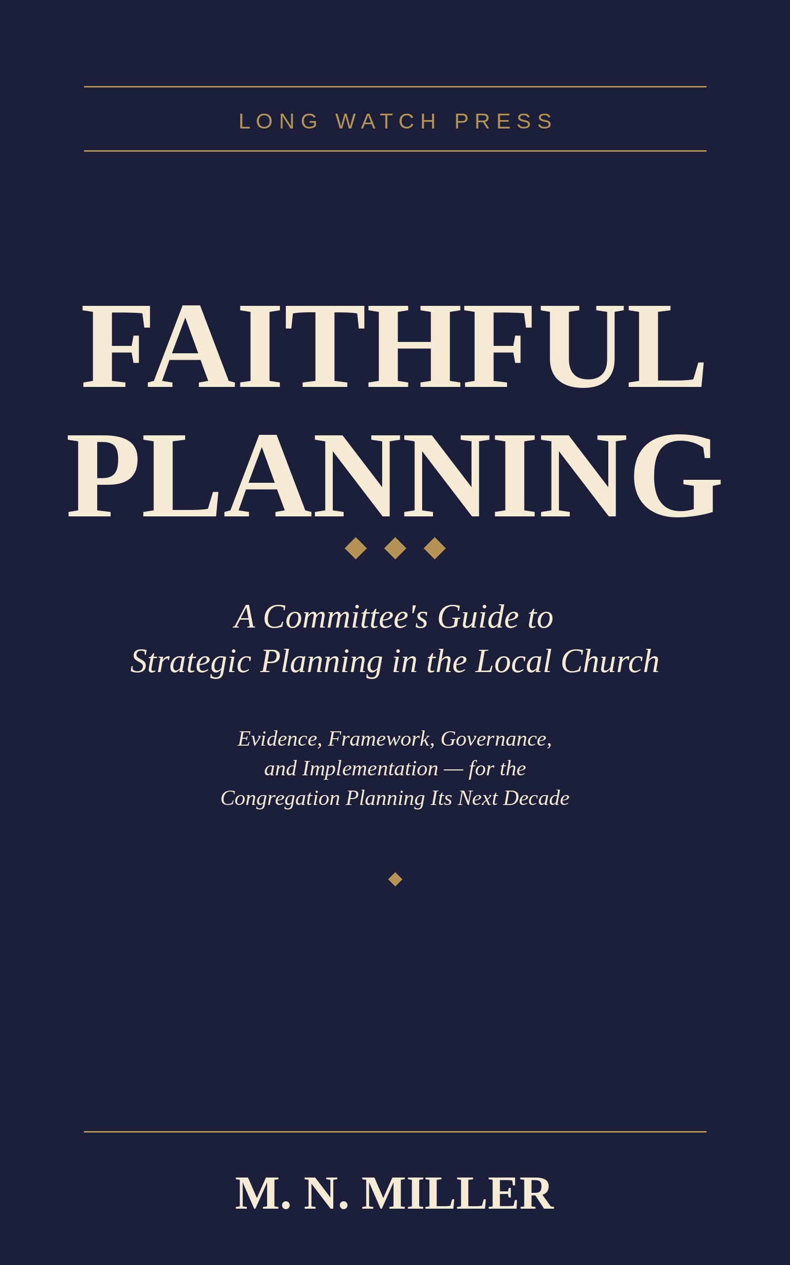 Faithful Planning book cover — indigo background with cream serif title, Long Watch Press across the top, M. N. Miller at the bottom